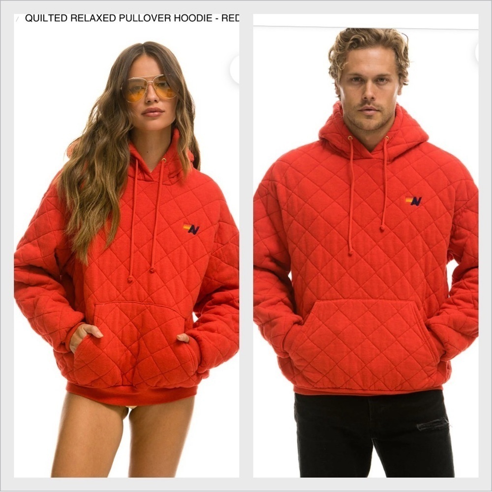 Aviator Nation Quilted Relaxed Pullover Hoodie size S red unisex